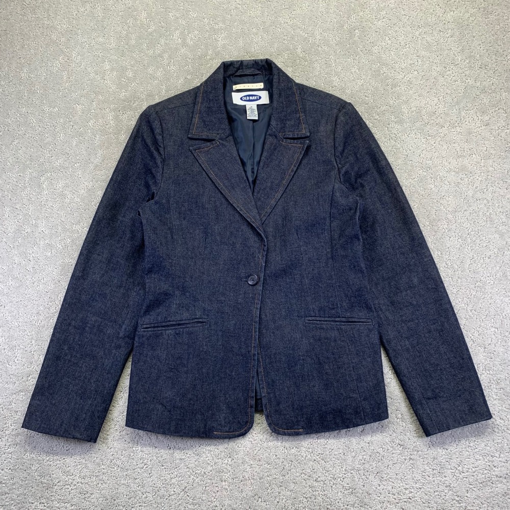 Vintage Old‎ Navy Womens Denim Blazer Size M Dark Wash Button Front Stretch Y2k